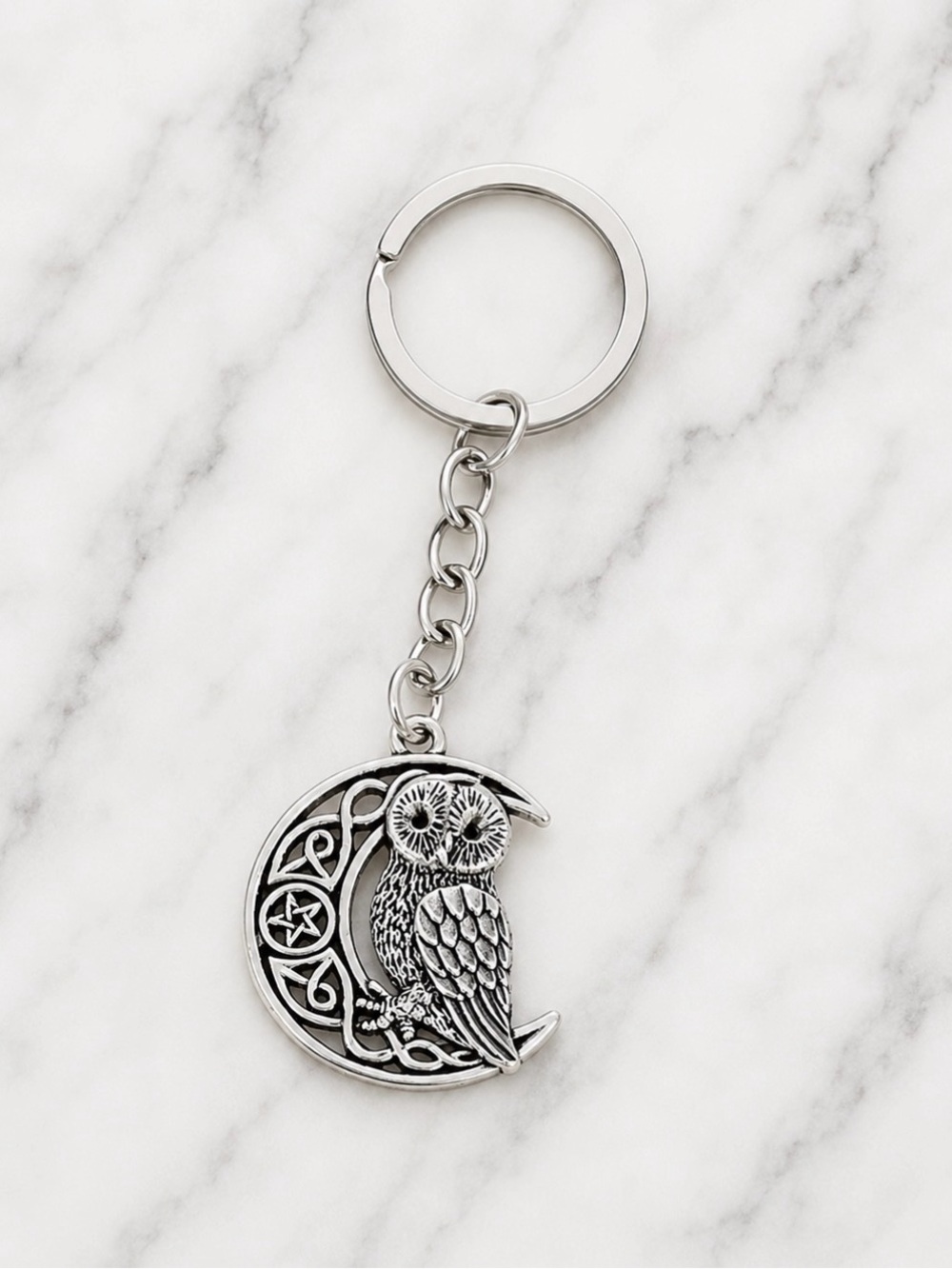 Keyring-Owl on Crescent Moon Charm Keyring-Silver Hardware